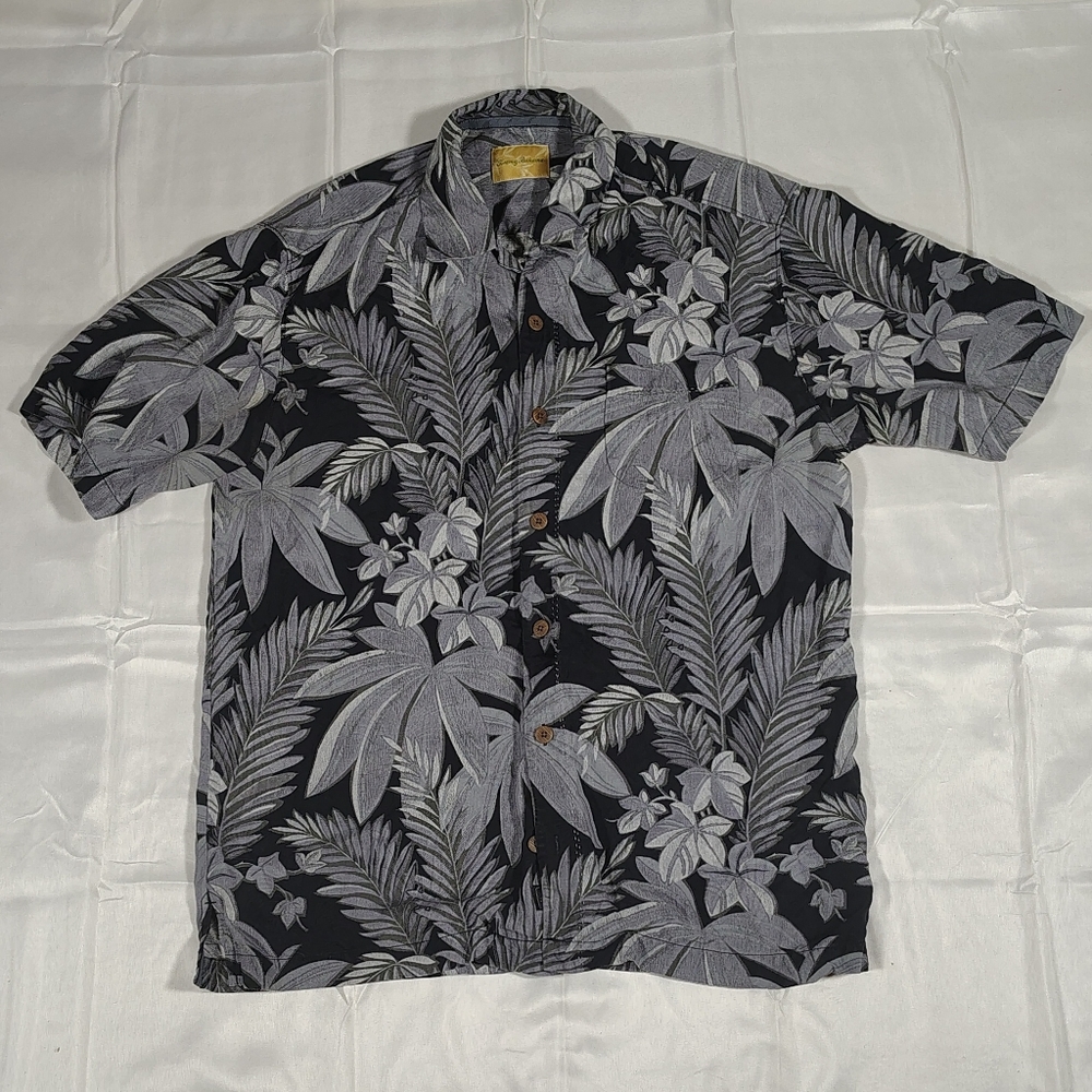 Tommy Bahama Small 100% Silk Hawaiian Floral Button Up Shirt Leaf Tropical Black